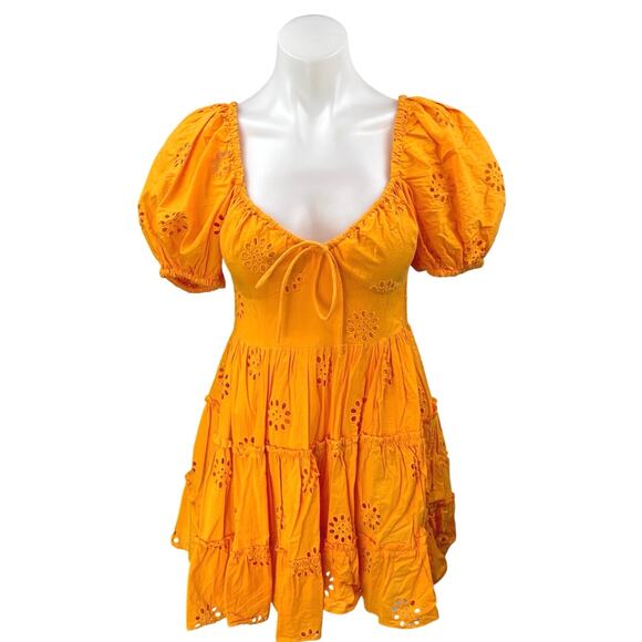 Zara Orange Short Puff Sleeve Embroidered Eyelet Mini Fit & Flare Dress Size XS - Picture 1 of 5